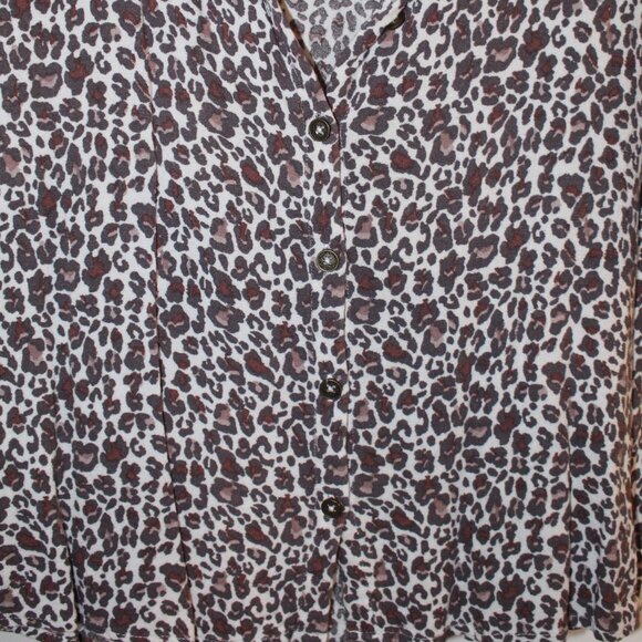 Jolt brown white leopard print short-sleeved collared v-neck button-up blouse M - Picture 5 of 8